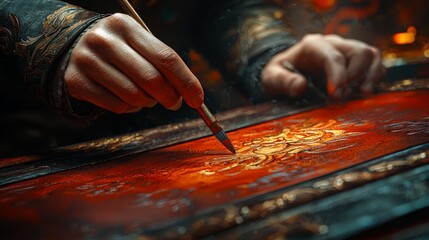 Obraz premium Artistic Centerpiece for Creative Campaign Posters with a Calligraphy Artist Working on Red Scrolls on Commercial Posters