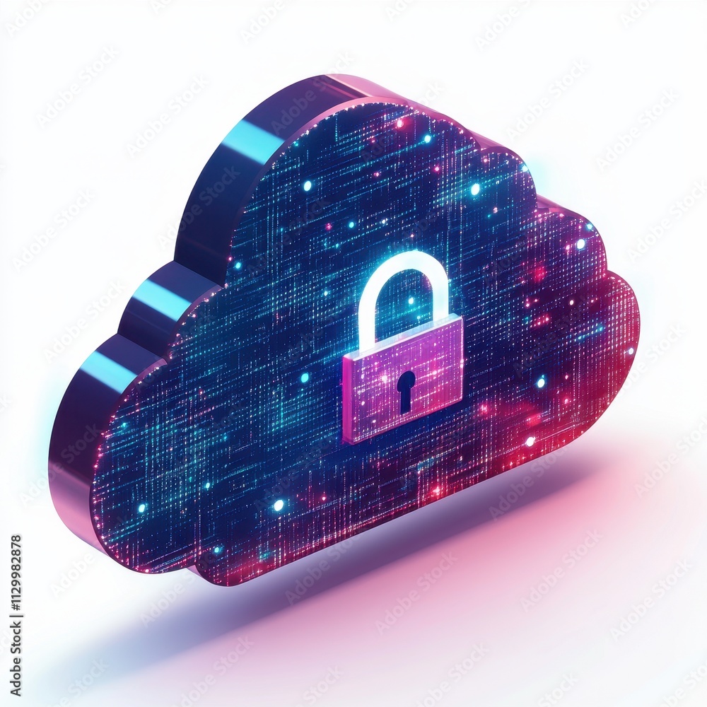 Poster hybrid cloud security concept: cloud with lock symbolizing data protection, privacy, and cybersecuri