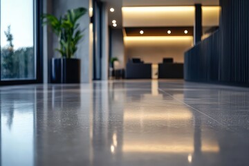 Modern office interior with polished floor and minimalist design elements.