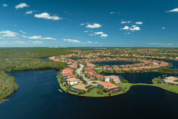 Surrounded by hurricane Ian rainfall flood waters homes in Florida residential area. Aftermath of...
