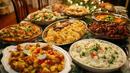 Obraz premium A family dinner featuring a variety of dishes from different cultures, highlighting multi-culturalism.