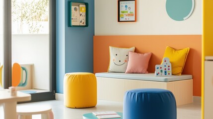 A vibrant, modern playroom featuring colorful walls, soft seating, and playful decor designed for children’s comfort and creativity.