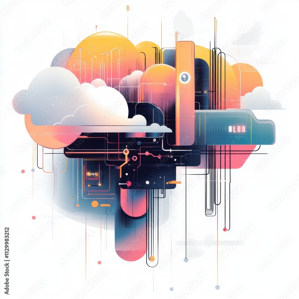 Poster next-gen cloud resilience: abstract background with colorful shapes and lines, illustrating future t