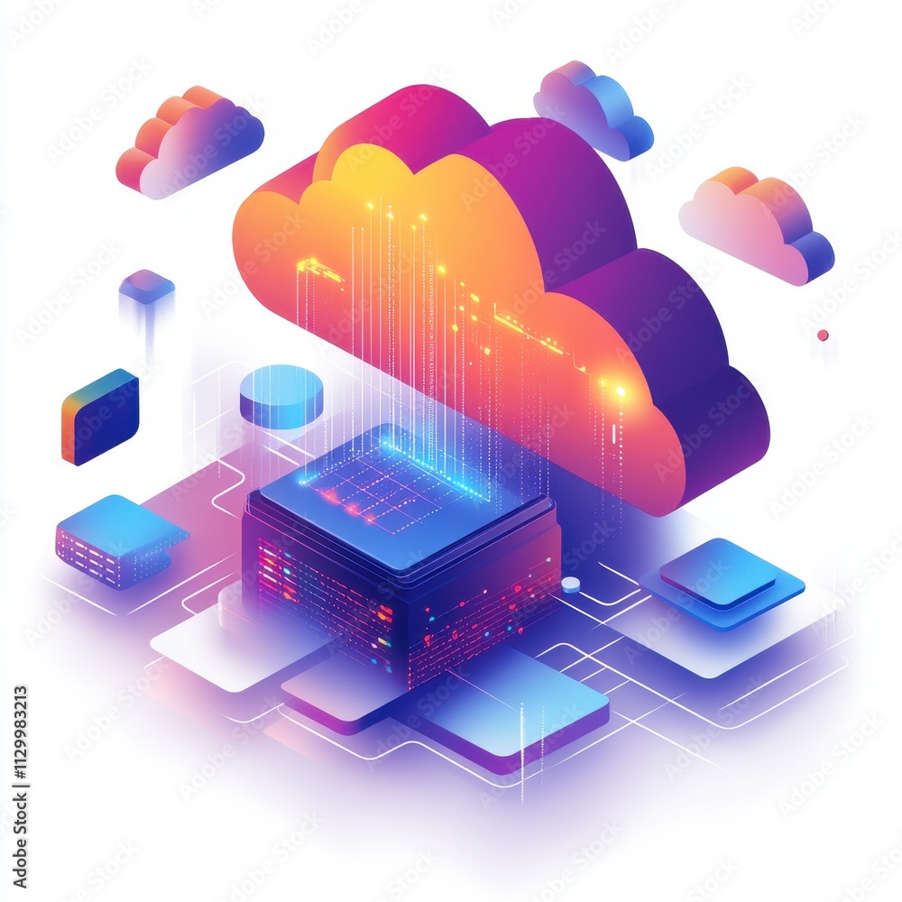 Poster next-gen cloud resilience: innovative cloud computing concept with iso design elements, modern techn