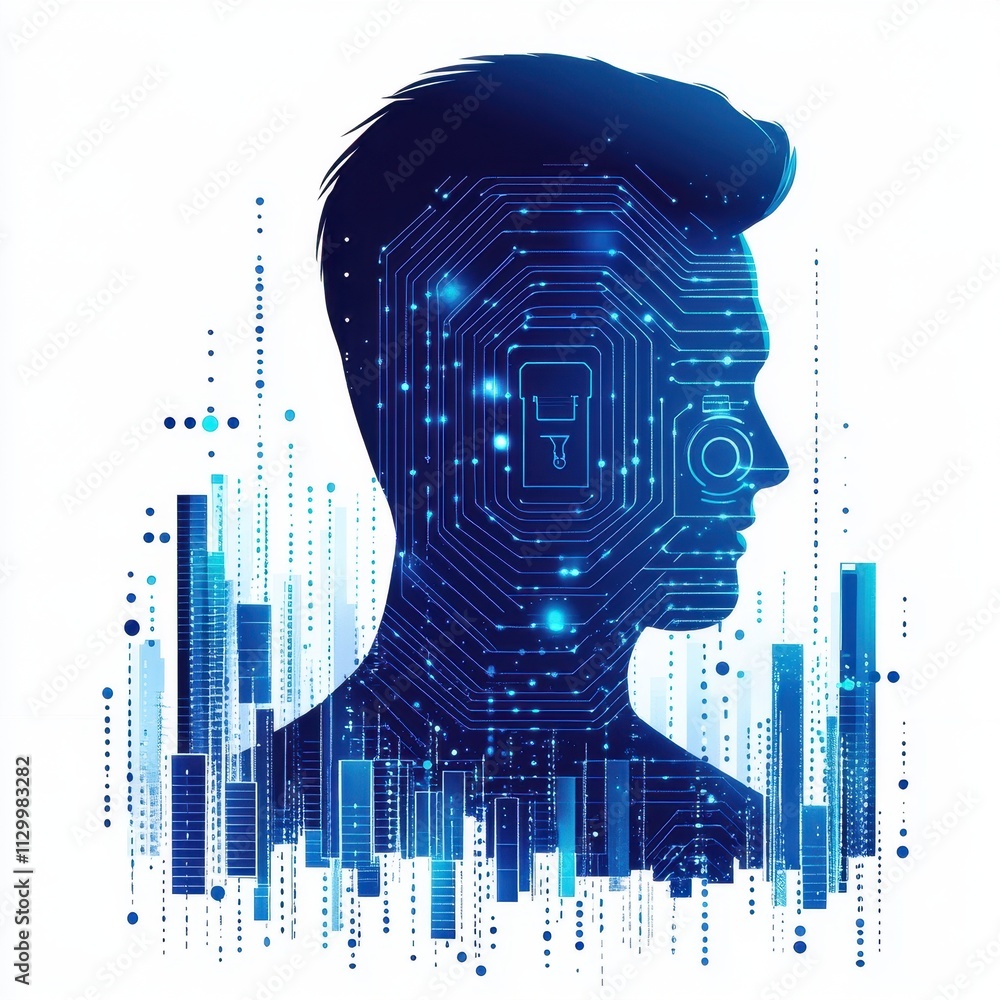 Poster next-gen identity security concept: portrait of a man's face with circuit background, futuristic tec
