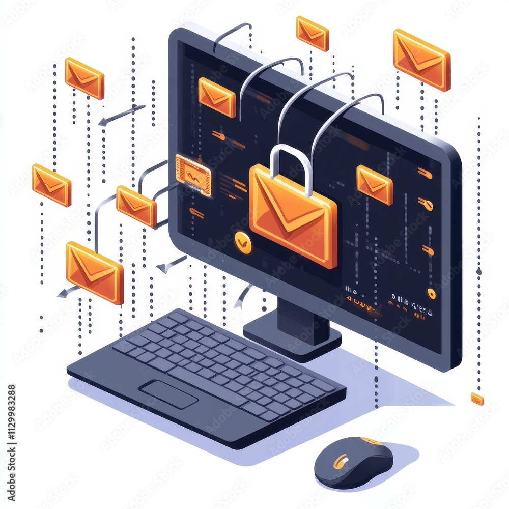 Poster phishing-resistant systems: secure computer with email icons illustrating cybersecurity solutions fo