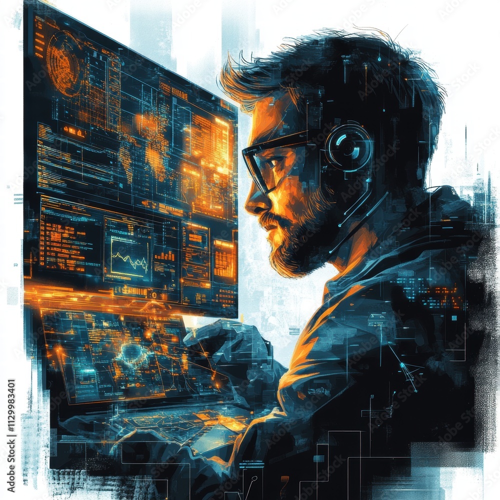 Poster professional man in suit using laptop for predictive threat analytics, focused on data analysis with