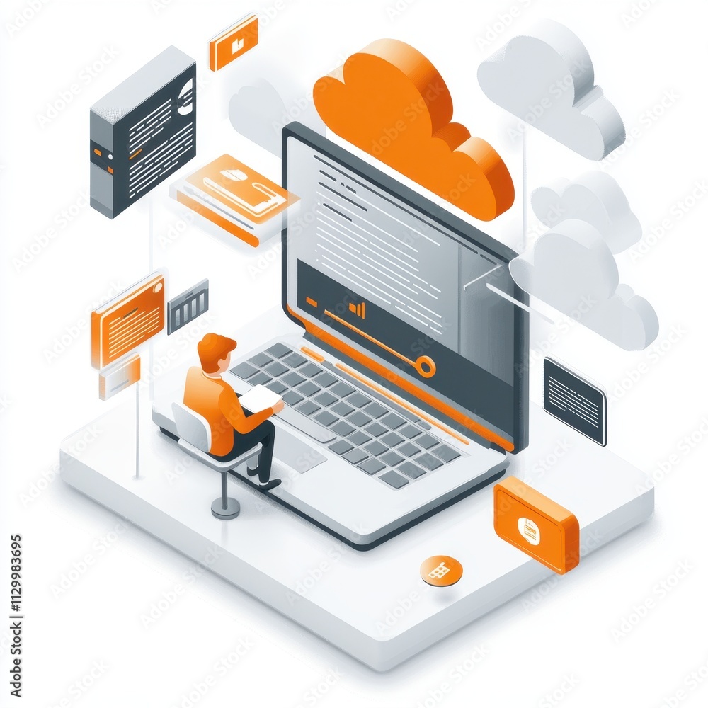 Poster private cloud-based banking concept with laptop displaying cloud computing icon, innovative technolo