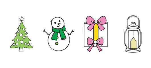 Festive icons featuring a Christmas tree, snowman, gift box, and lantern in a cheerful winter setting