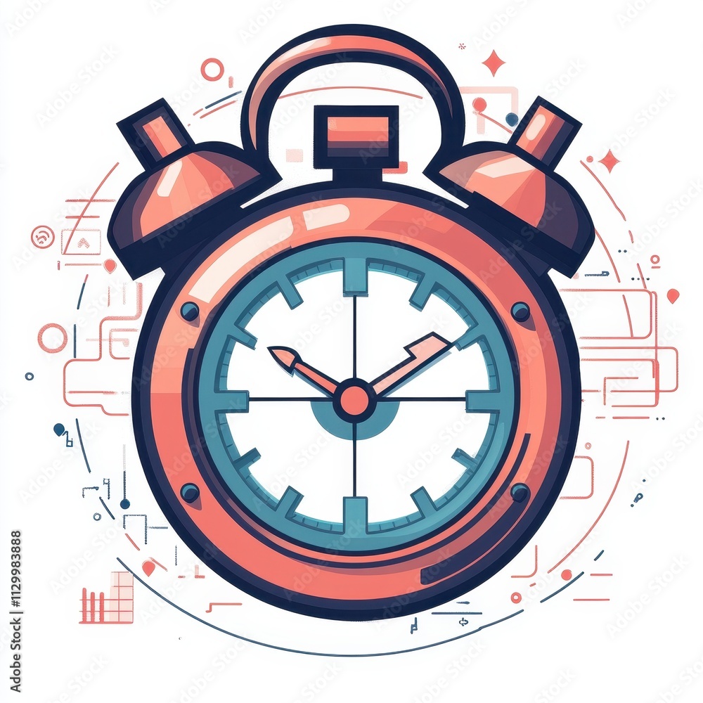 Poster real-time encrypted alerts: alarm clock surrounded by notification icons, symbolizing security, time