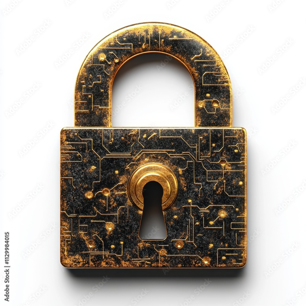 Aufkleber real-time encrypted verification with a golden padlock featuring a circuit design, symbolizing secur