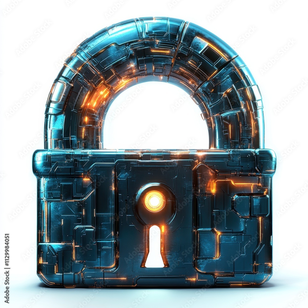 Poster real-time security updates: a glowing key inside a lock representing cybersecurity, data protection,