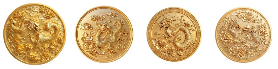 Chinese New Year A collection of ornate golden coins featuring intricate dragon designs, perfect for showcasing wealth and craftsmanship.