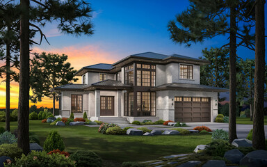 beautiful modern-style two-story white villa with large windows, a garage, and a beautiful outdoor garden surrounded by large trees. The villa is set against a backdrop of a blue sky at sunset.