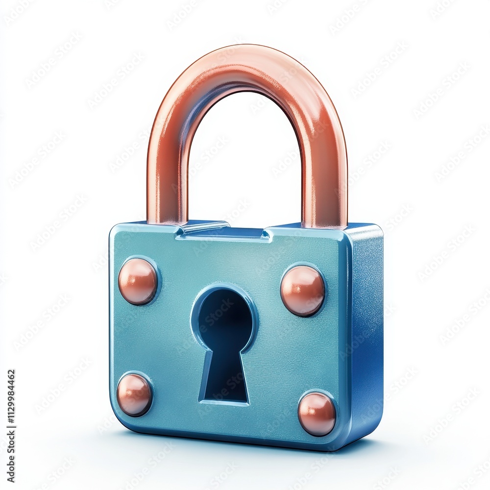 Poster secure account recovery systems: blue padlock with key symbolizing cybersecurity, data protection, a