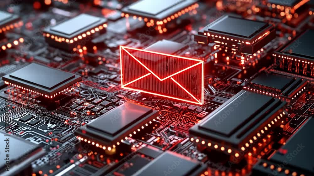 Poster abstract digital communication concept featuring glowing red email symbol on intricate circuit board