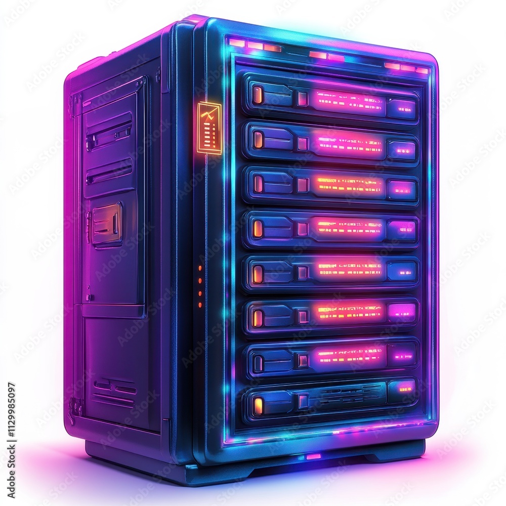 Poster secure server-side banking image featuring a computer with a striking purple and blue design, illust