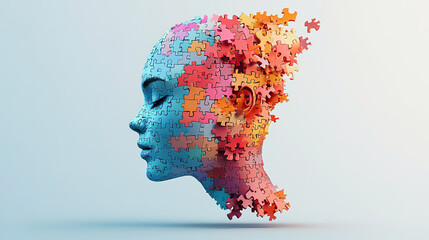 Human head profile and jigsaw puzzle, cognitive psychology or psychotherapy concept, mental health, brain problem, personality disorder, vector line design, Created using generative AI tools, leaving 