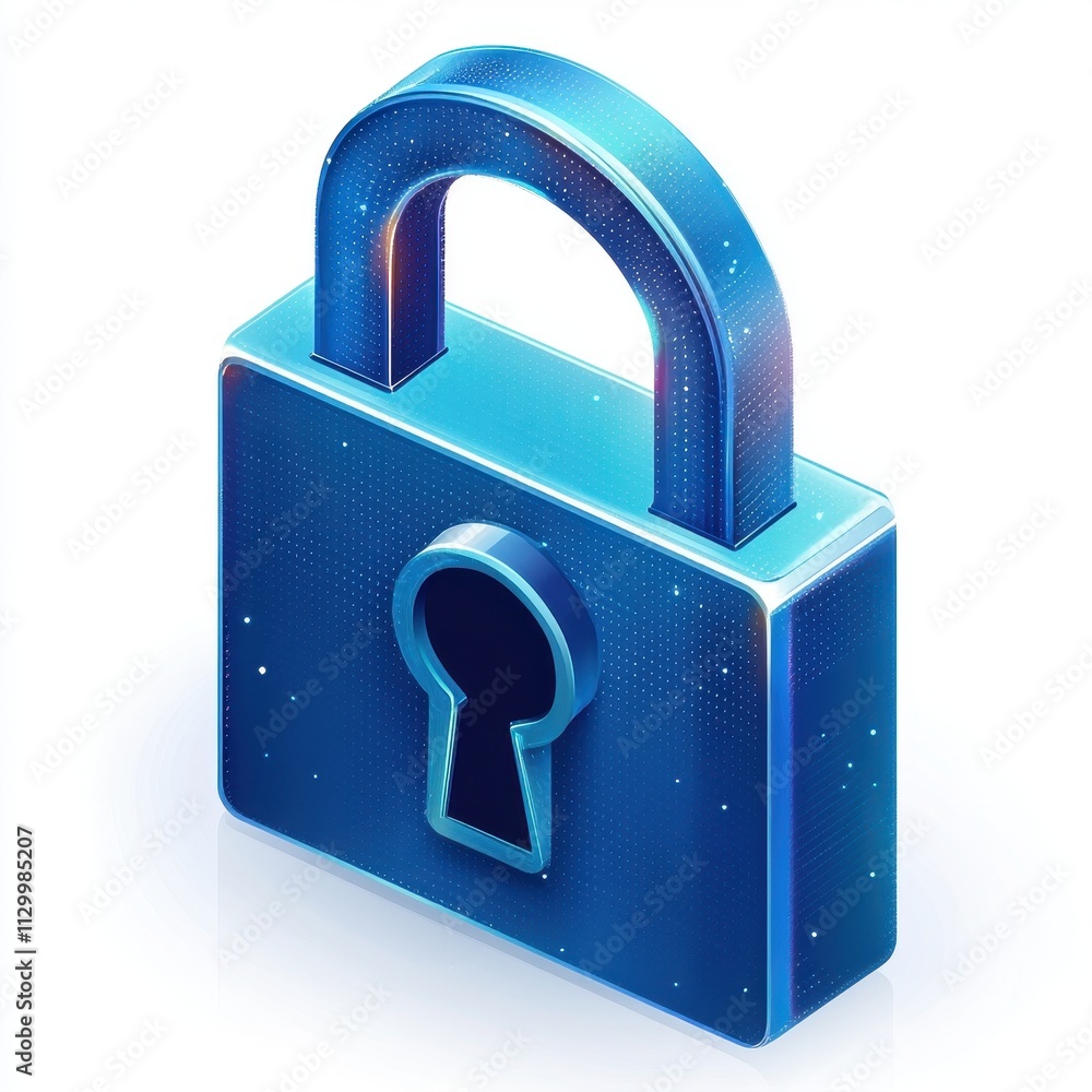 Poster secure transaction encryption: blue lock with key symbolizing safety, privacy, digital security, and