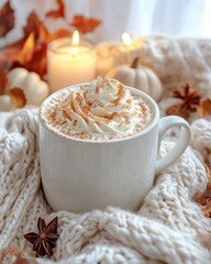 A cozy cup of whipped coffee surrounded by autumn decor and soft textures.