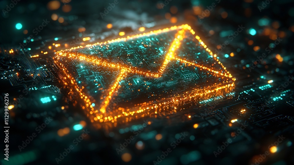 Poster high tech email icon built from digital circuit board elements glowing with green connecting lines