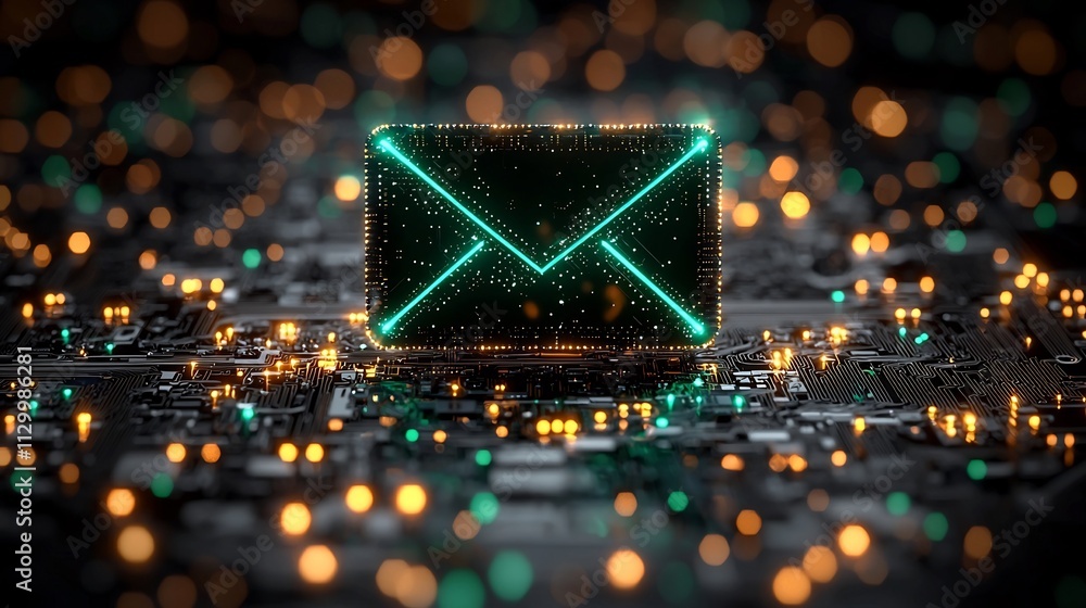 Poster glowing high tech email icon built from futuristic circuit board elements