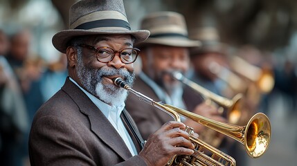 Obraz premium Happy senior man playing trumpet in a band outdoors.