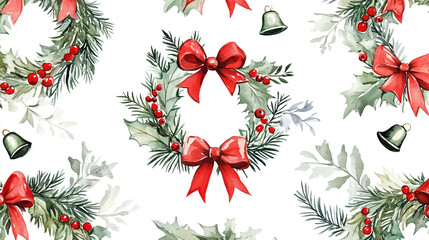 Watercolor Christmas Wreath Seamless Pattern  Festive Holiday Design