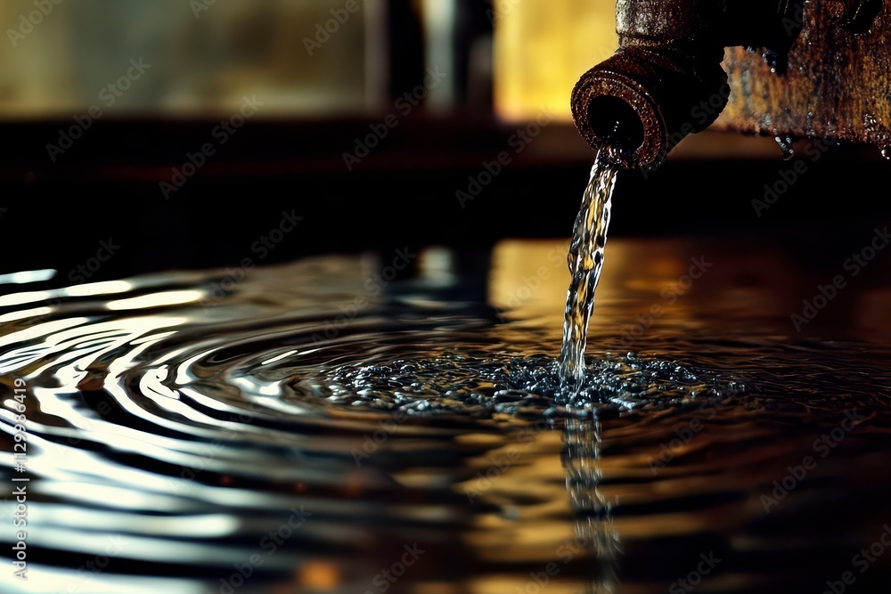 Aufkleber water flowing from a pipe into a rippling surface, creating circular patterns.