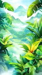 Lush Tropical Paradise with Misty Mountains.
