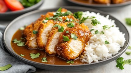 Fototapeta premium A plate featuring sliced chicken with sauce, served alongside rice and garnished with herbs.