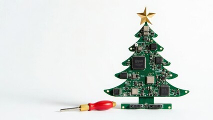 Christmas tree made of microcircuits, boards and wires with IT tools onwhite background. Technology banner with copy space. Greeting card for sysadmin or engineer for Xmas holidays celebration.