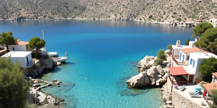 Picturesque view of the charming Kalyves Village with vibrant turquoise sea on the island of Crete, perfect for Greek holidays, destination, nature