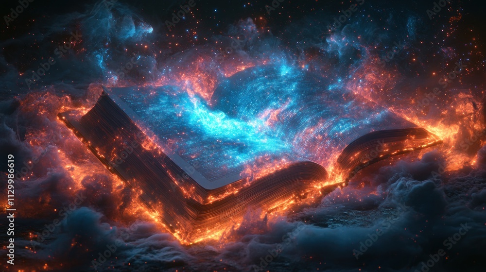 Poster digital learning book glowing with light in futuristic surreal style