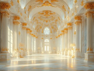 Obraz premium Majestic Baroque Throne Hall with White Throne and Golden Light