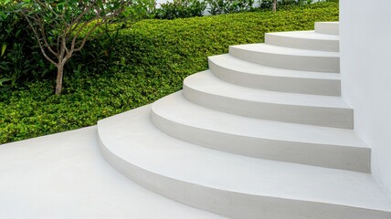 A sleek, modern staircase made of smooth concrete, surrounded by lush greenery, leading to an...