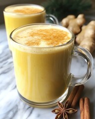Two glasses of golden turmeric latte topped with spices, alongside ginger and cinnamon sticks.