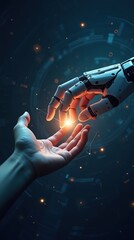 Futuristic Human and Robotic Hand Reaching With Glowing Connection