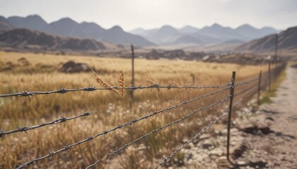 Obraz premium Close-up of wheat bunting blowing in the wind on a barbed wire fence with rocky terrain, energy, motion