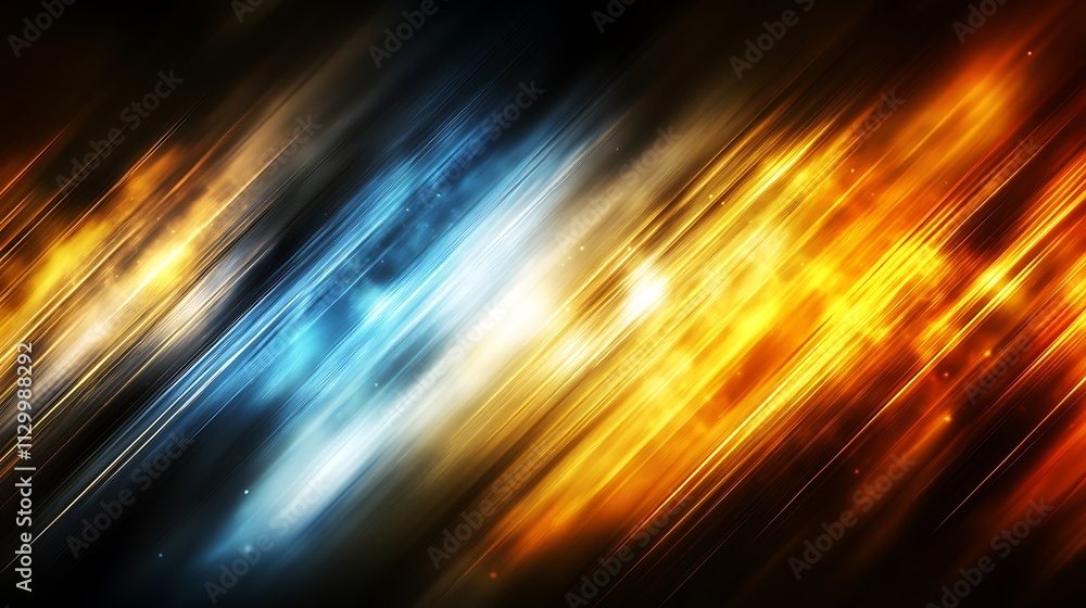 Poster abstract background with diagonal lines of blue and orange light streaks and glowing particles.