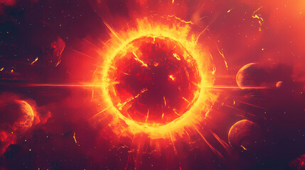 Obraz premium A fiery sun dominates a star system, surrounded by multiple planets, some with visible clouds and markings. Solaris. Illustration