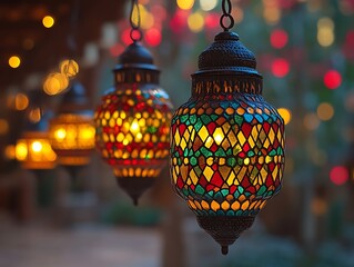 Colorful Hanging Lanterns Illuminate Festive Setting