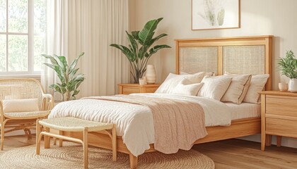Modern Bedroom Featuring Wooden Bed and Rattan Accents