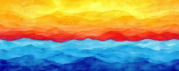 Vibrant Abstract Watercolor Landscape with Layers of Warm and Cool Tones Blending Seamlessly in a Beautiful Horizon Illustration