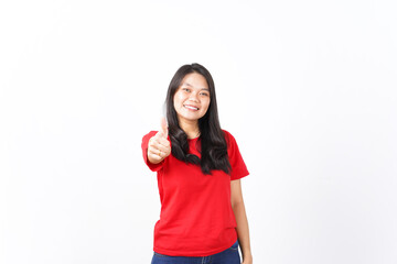 Smiling Looking at camera and showing thumbs up Of Beautiful Asian Woman wearing red shirt Isolated On White Background