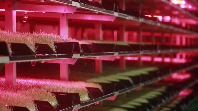 빨간 LED 조명이 있는 보리 발아 농장