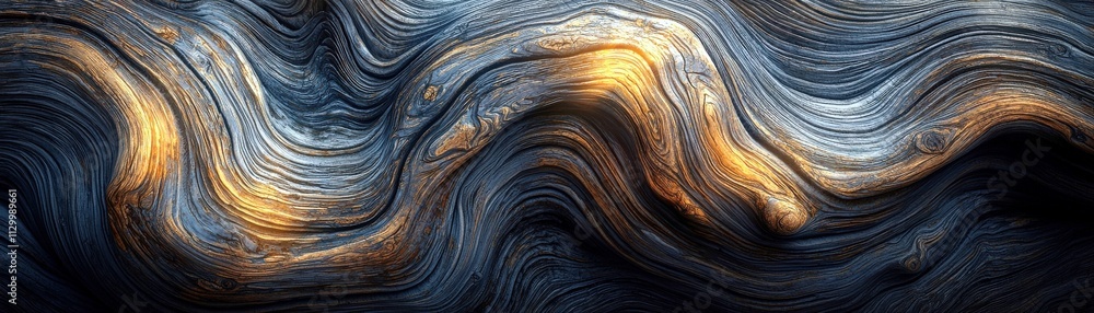 Poster abstract flowing shapes with golden highlights, blue and gray textures in a mesmerizing wave pattern