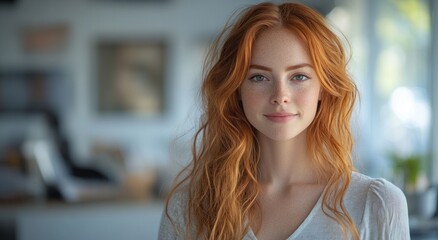 Woman with Wavy Red Hair Engaging in Positive Team Building Workshop in Modern Workspace