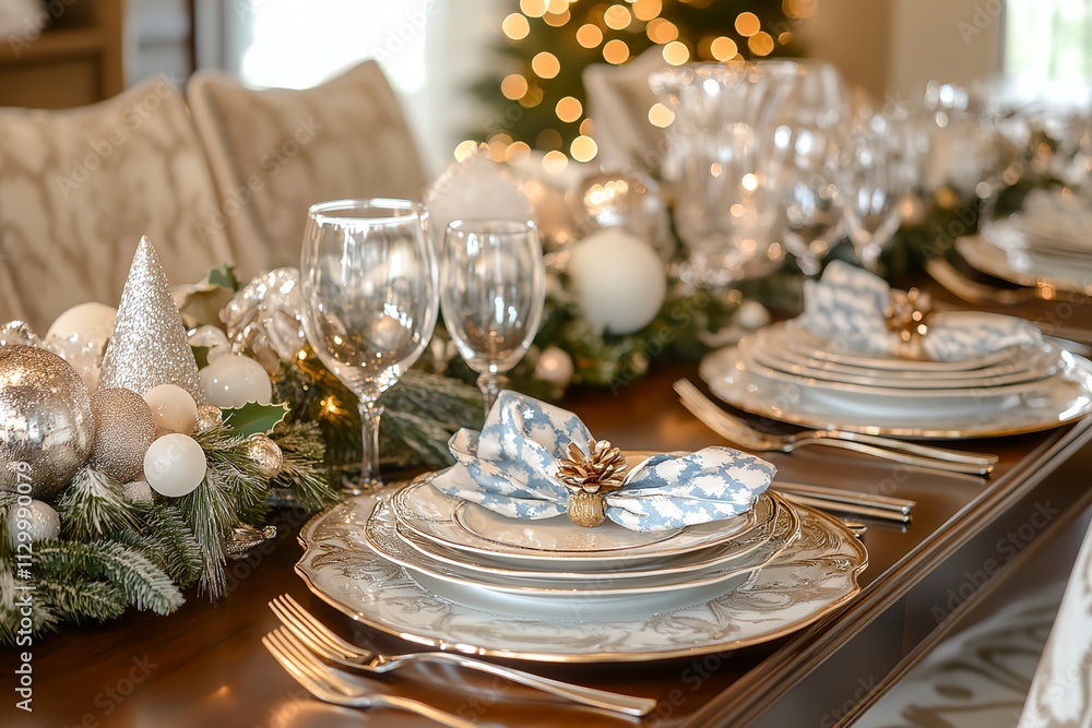 Aufkleber a table is set for a fancy dinner with a christmas tree in the background