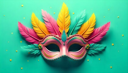 The image is a digital illustration of a carnival mask on a turquoise background. The mask is in the center of the image and is made up of multiple colorful feathers in shades of pink, yellow, green.
